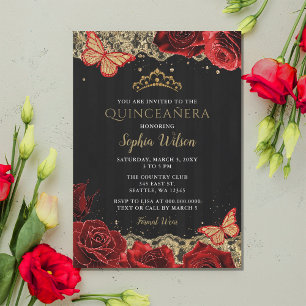Vintage Rote Rosen Black Gold Lace Quinceñera Einladung