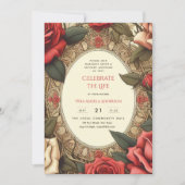 Vintage Rote Rosen feiern Lebensgedicht Einladung (Vorderseite)