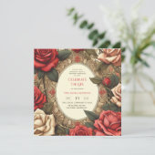 Vintage Rote Rosen feiern Lebensgedicht Einladung (Stehend Vorderseite)