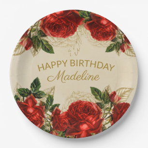 Vintage rote Rosen Frauen Alles Gute zum Geburtsta Pappteller
