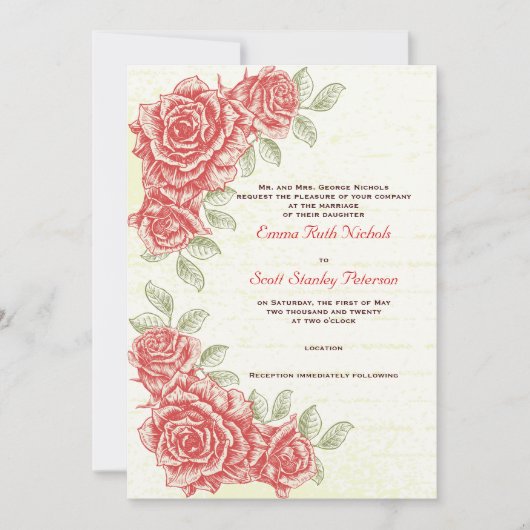 Vintage rote Rosen individuelle Hochzeitseinladung Einladung (Vorderseite)