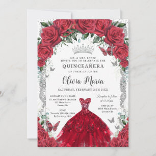 Vintage Rote Rosen kleiden Floral Quinceañera Silv Einladung