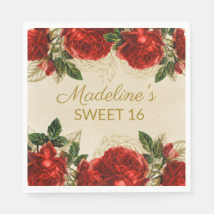 Vintage rote Rosen Sweet 16 Geburtstag Serviette