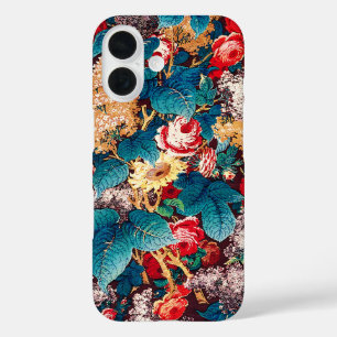 Vintage rote Rosen und lila Blumenmuster iPhone 16 Hülle