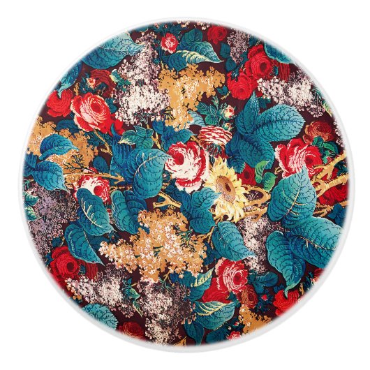 Vintage rote Rosen und lila Blumenmuster Keramikknauf (Vorderseite)