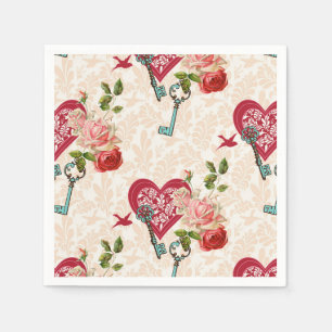 Vintage rote Rosen und Schlüssel zu meinem Herzen  Serviette