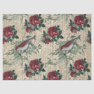Vintage Rote Rosen und Vogeldekoupage Seidenpapier