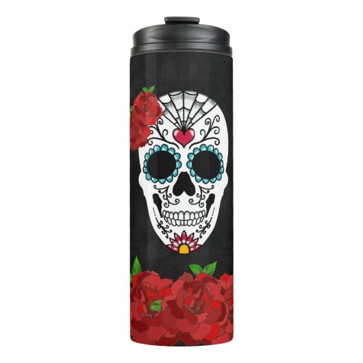 Vintage Rote Rosen Zuckerschädel Thermosbecher (Vorderseite)