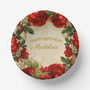 Vintage rote Rosen zum Frauen Geburtstag Pappteller