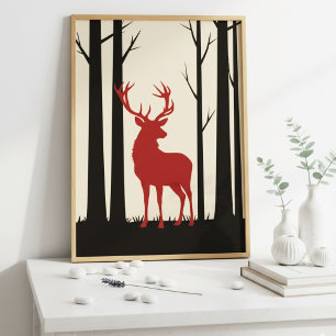 Vintage Rote Stag-Silhouette im Wald Poster