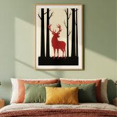 Vintage Rote Stag-Silhouette im Wald Poster