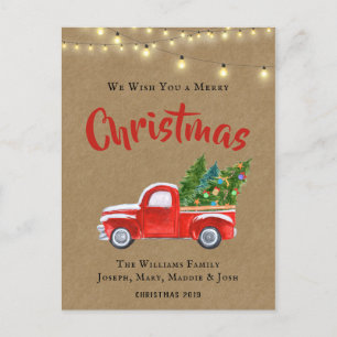 VINTAGE ROTE TRUCK WATERCOLOR RUSTISCHE CHRISTMAS FEIERTAGSPOSTKARTE