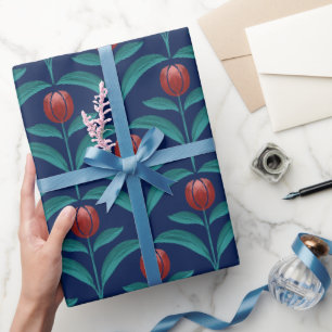 Vintage Rote Tulpe Navy Geschenkpapier Volkskuns