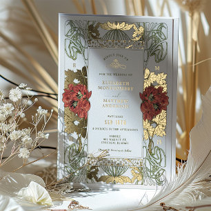 Vintage rote Tulpen & Goldene Hochzeit Art Nouveau Folieneinladung