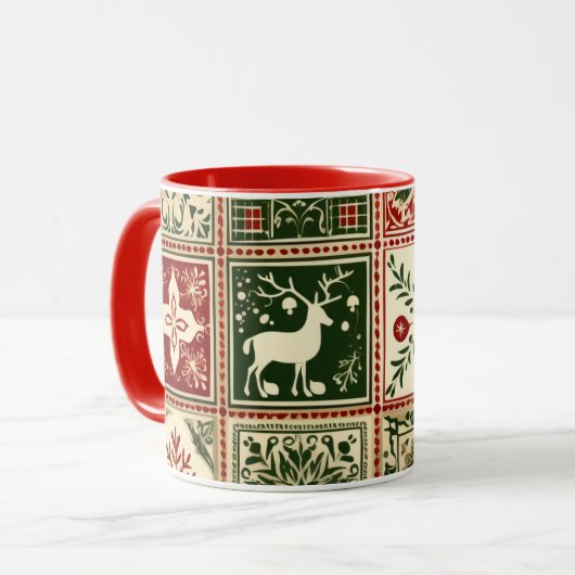 Vintage Rote und Grüne Quadrate Weihnachten Tasse (Vorderseite Links)