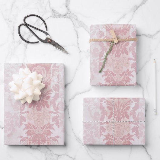 Vintage, rote und weiße Damaskus Streifen auf Sati Geschenkpapier Set (Vorderseite)