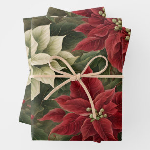 Vintage rote und weiße Weihnachts-Poinsettien-Blum Geschenkpapier Set