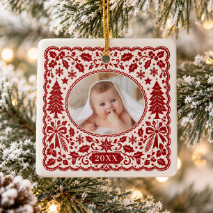 Vintage rote Weihnachts-Spitze als Erinnerung für Keramikornament
