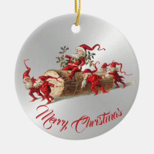 Vintage rote Weihnachtselfen Feiertage Silberparty Keramik Ornament