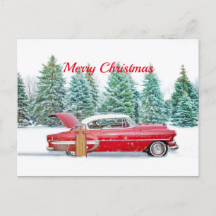Vintage roter Auto-Schneeschlitten Weihnachten Postkarte