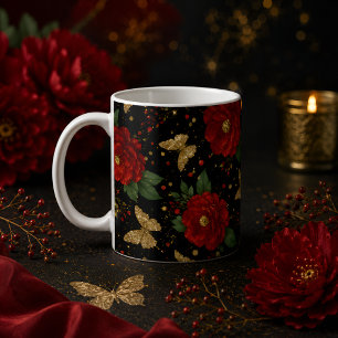 Vintage roter Blumenkaffee-Tasse mit goldenem Schm Kaffeetasse