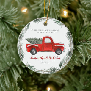 Vintage roter Farmtruck Erstes Weihnachten Herr Keramik Ornament