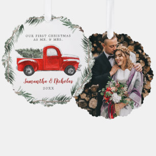 Vintage roter Farmtruck   Erstes Weihnachten Herr  Ornament Karte