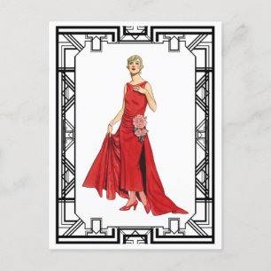Vintage roter Flapper Slinky Seidenkleid Mode Postkarte