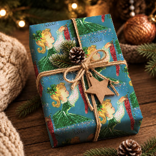 Vintage roter Glitter-Monogramm-Weihnachtsgirl Geschenkpapier