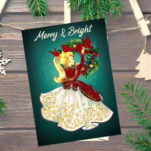 Vintage roter Gold-Glitter-Weihnachtskranz Mädchen Feiertagskarte