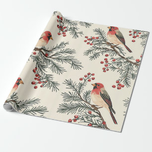 Vintage Roter Kardinal Kiefern-Beeren-Creme-Weihna Geschenkpapier