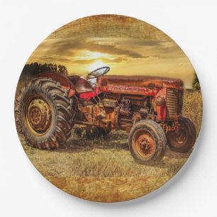 Vintage roter Landtraktor Pappteller