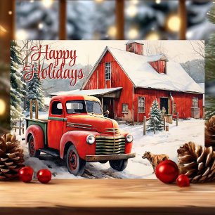 Vintage roter Lastwagen Hund Winter Weihnachten