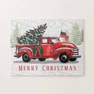 Vintage roter Lastwagen patriotische Flagge Frohe Puzzle
