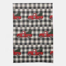 Vintage-Roter-Lieferwagen-Route-66-Karo-Festtagstu Geschirrtuch