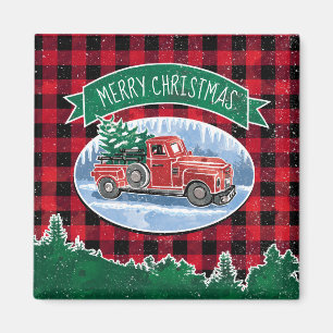 Vintage roter LKW Buffalo Plaid Frohe Weihnachten Magnet