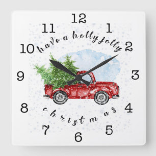 Vintage roter LKW - Ein fröhliches Weihnachtsfest Quadratische Wanduhr
