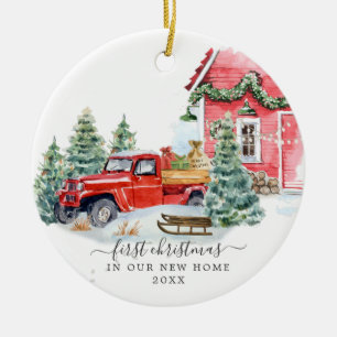 Vintage roter LKW Erstes Weihnachten neues Zuhau Keramik Ornament