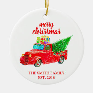 Vintage roter LKW etabliertes Familienornament Keramik Ornament