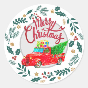Vintage Roter LKW Frohe Weihnachten Runder Aufkleber