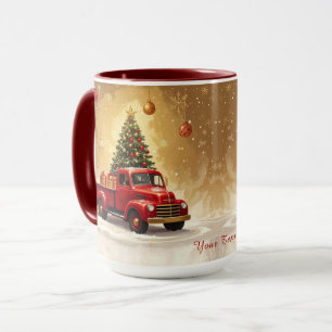 Vintage roter LKW mit Weihnachtsbaum-Feiertags-Tas Tasse