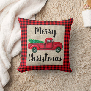 Vintage roter LKW mit Weihnachtsbaum Karo-Kissen Kissen