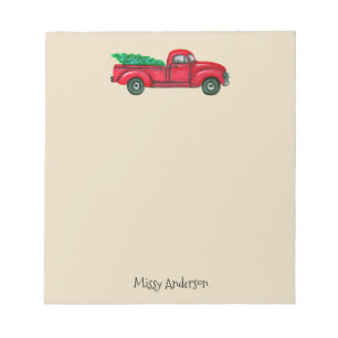 Vintage roter LKW mit Weihnachtsbaum Notizblock