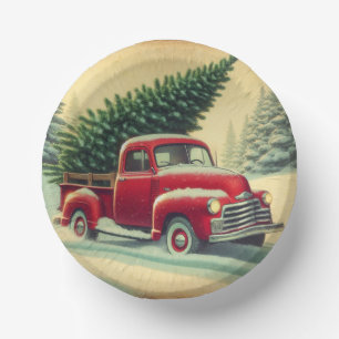 Vintage roter LKW mit Weihnachtsbaum Pappteller