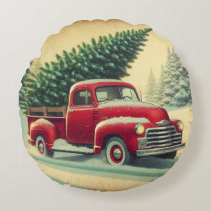 Vintage roter LKW mit Weihnachtsbaum Rundes Kissen