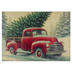 Vintage roter LKW mit Weihnachtsbaum Schneidebrett