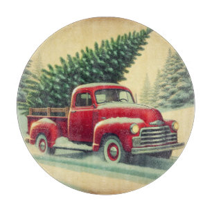 Vintage roter LKW mit Weihnachtsbaum Schneidebrett