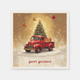 Vintage roter LKW mit Weihnachtsbaum Serviette