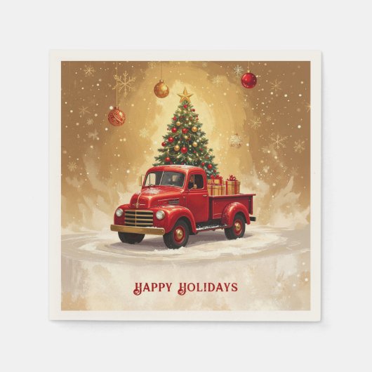 Vintage roter LKW mit Weihnachtsbaum Serviette (Vorderseite)
