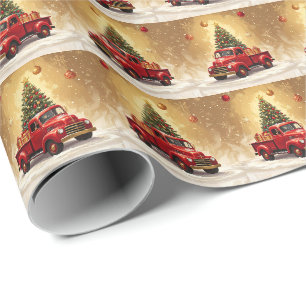 Vintage roter LKW mit Weihnachtsbaum und Geschenke Geschenkpapier